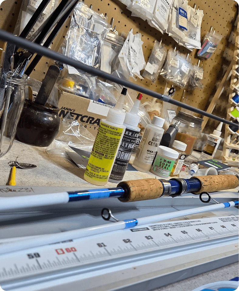Workbench with fishing rod and materials