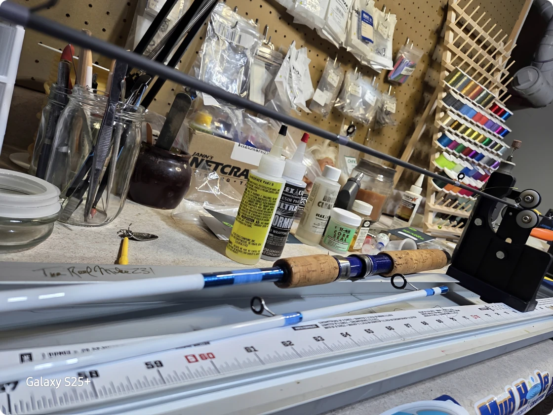Fishing rod building supplies on workbench